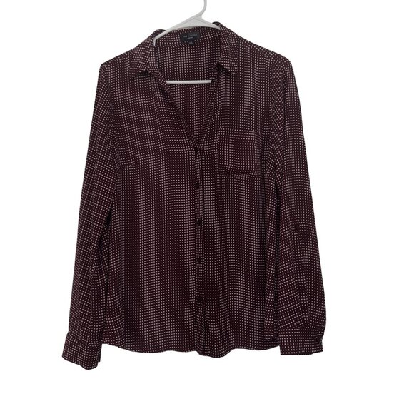 The Limited Ashton Women SZ M Maroon & White Polka Dot Button-Up Shirt Blouse - Picture 9 of 12